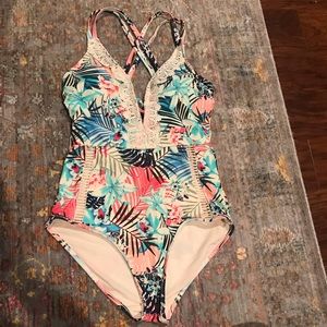 Time and Tru Floral/Tropical Crocheted One Piece